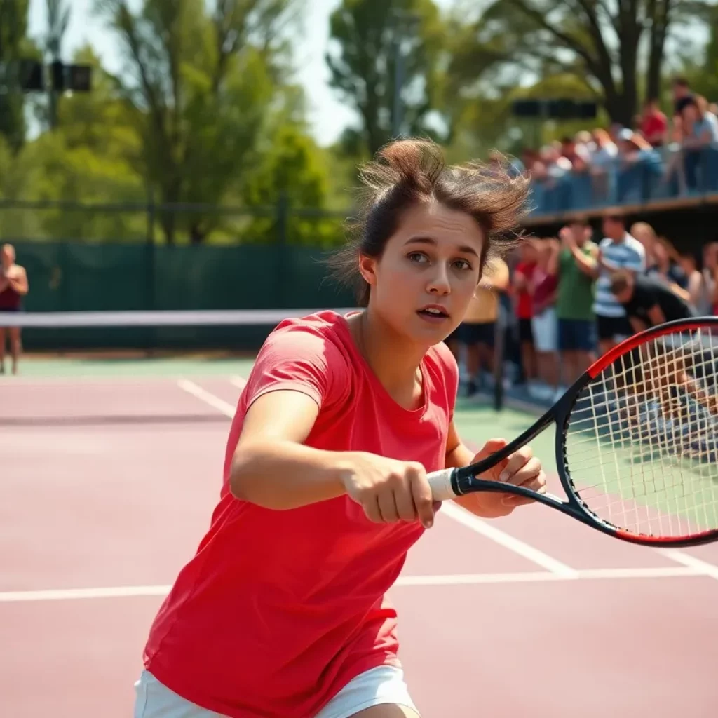 High school tennis player in action at a championship match.