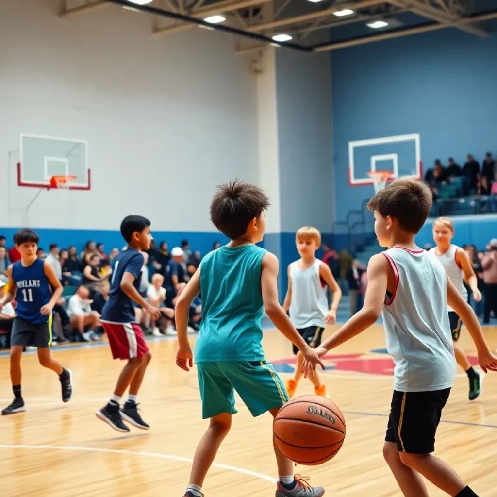 Young basketball players competing in an exciting game.
