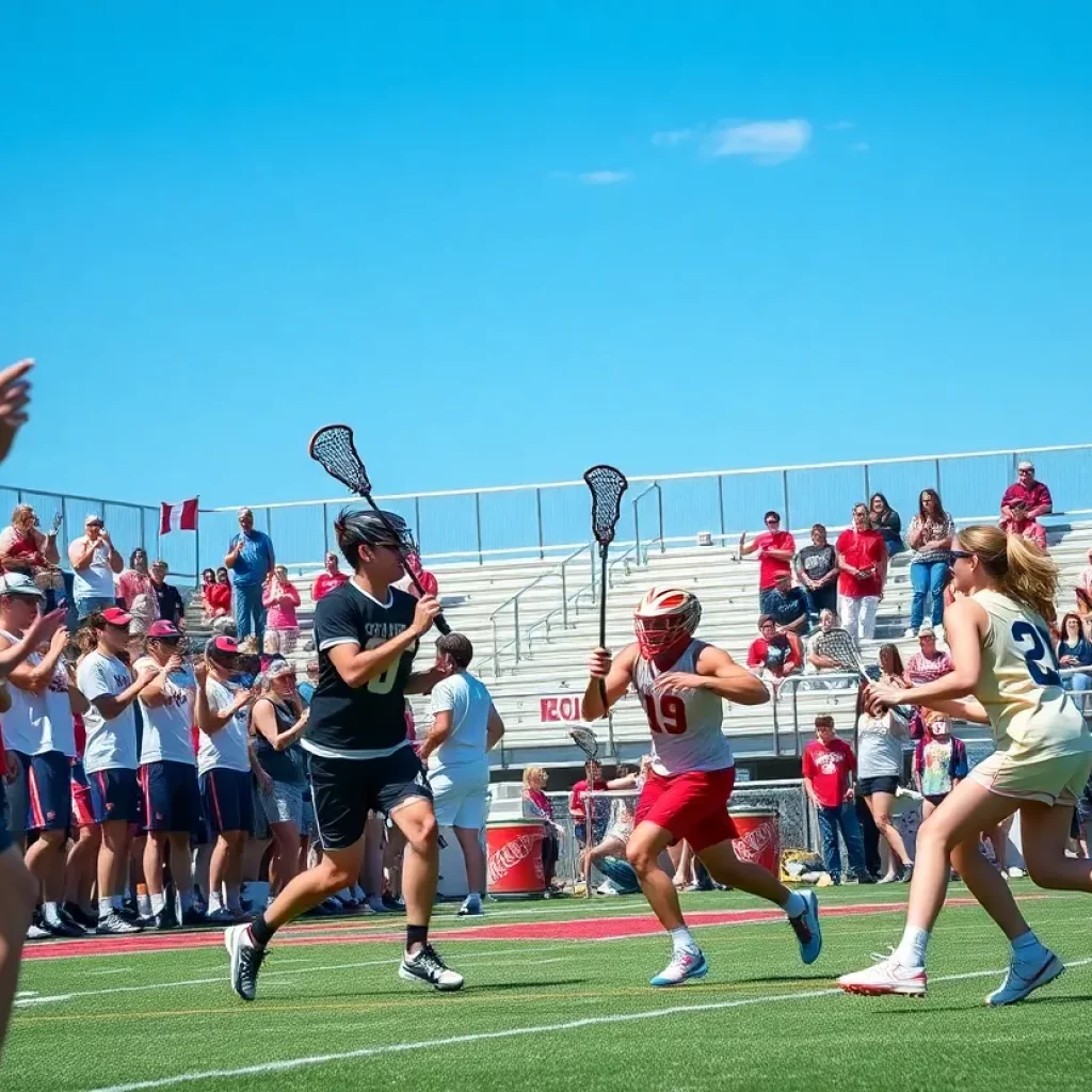 Players in action during a high school lacrosse game with spectators cheering.