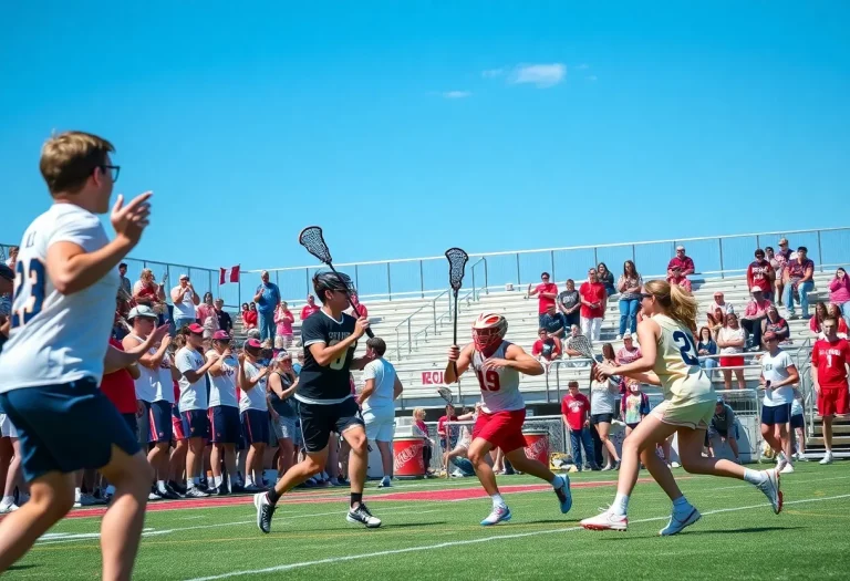 Players in action during a high school lacrosse game with spectators cheering.