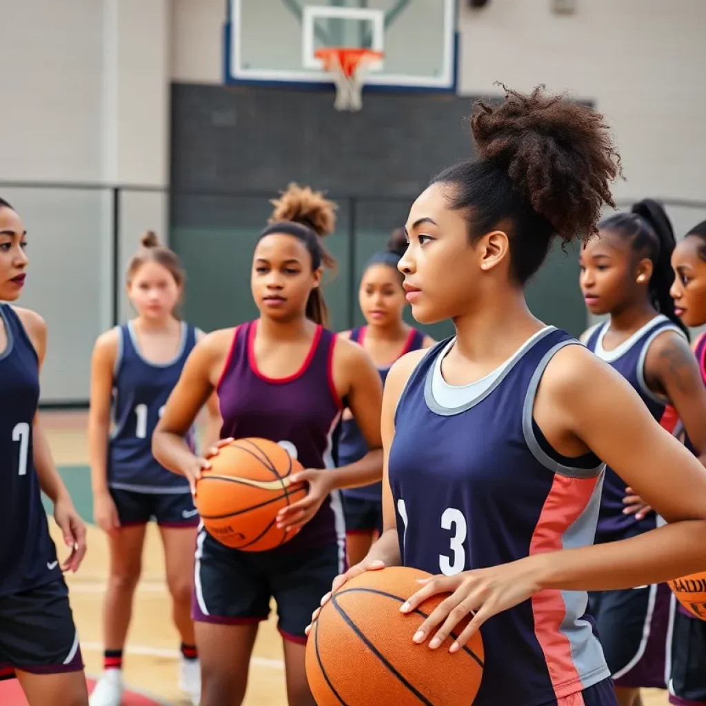 Young female basketball players practicing on a court.