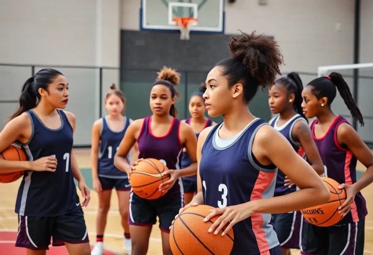 Young female basketball players practicing on a court.