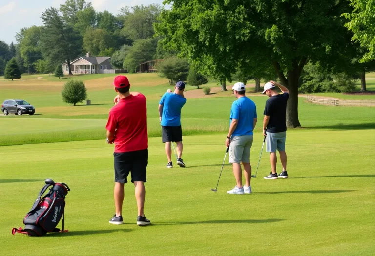 High school students practicing golf at a course