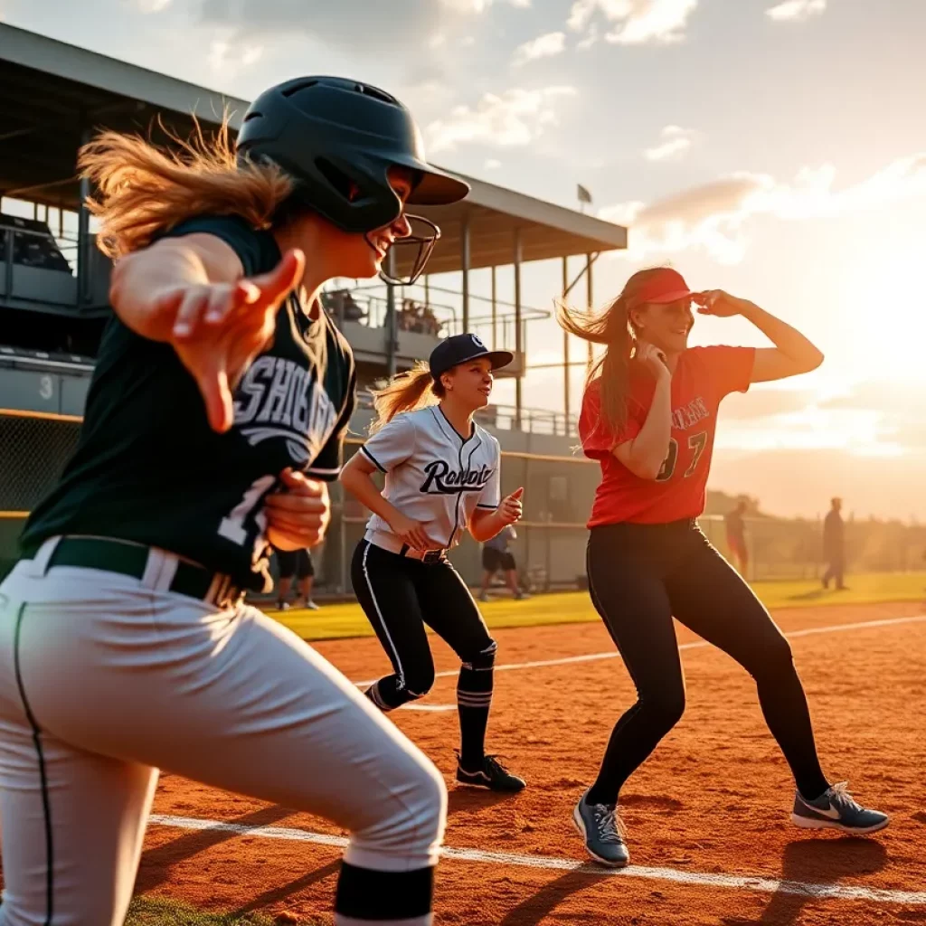 Action shot of a high school softball game