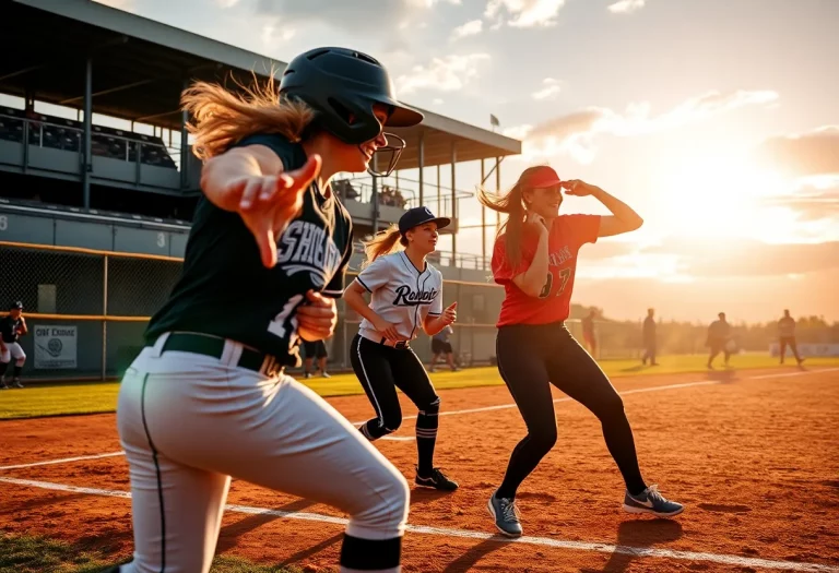 Action shot of a high school softball game