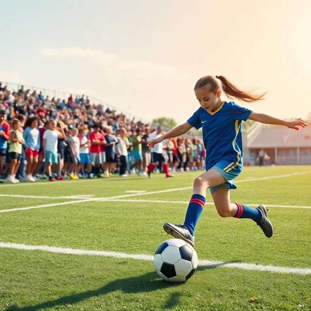Maddie Recupero kicks a soccer ball on the field with fans cheering