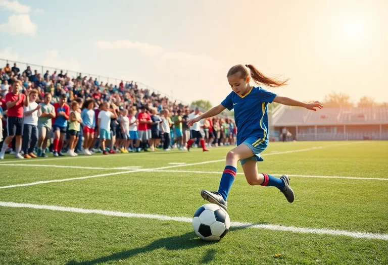 Maddie Recupero kicks a soccer ball on the field with fans cheering