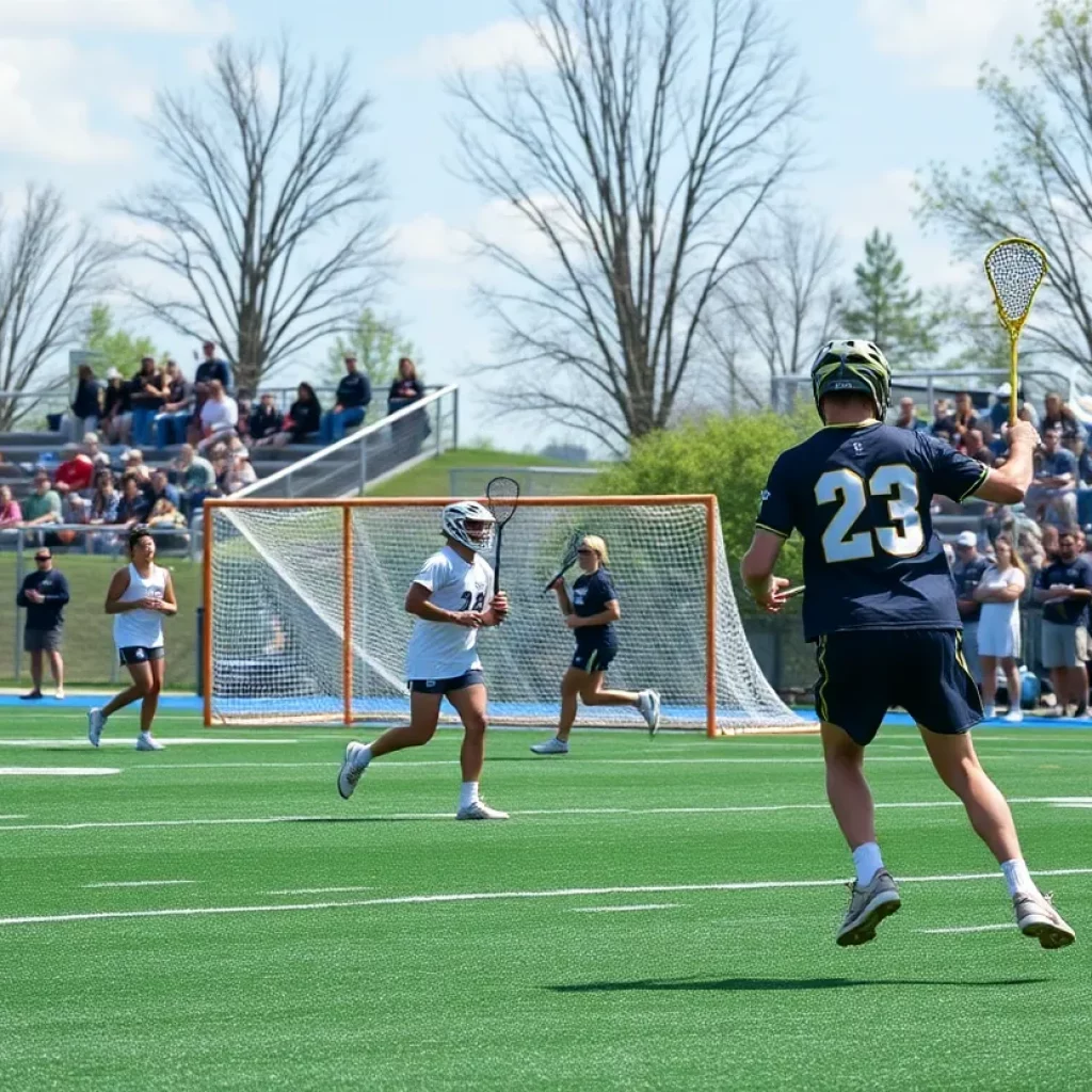 Players in action during a high school lacrosse match