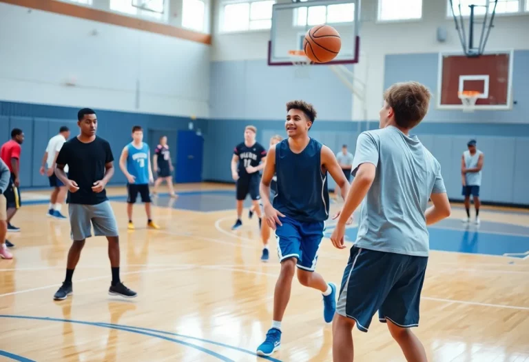 Manhattan High School basketball players practicing on the court