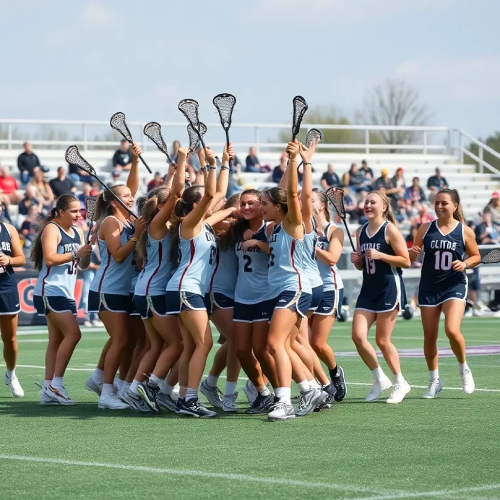 Girls lacrosse team celebrating victory on the field