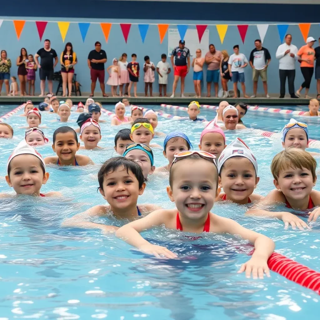 Community swimming event with swimmers and families