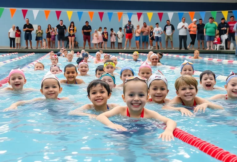 Community swimming event with swimmers and families