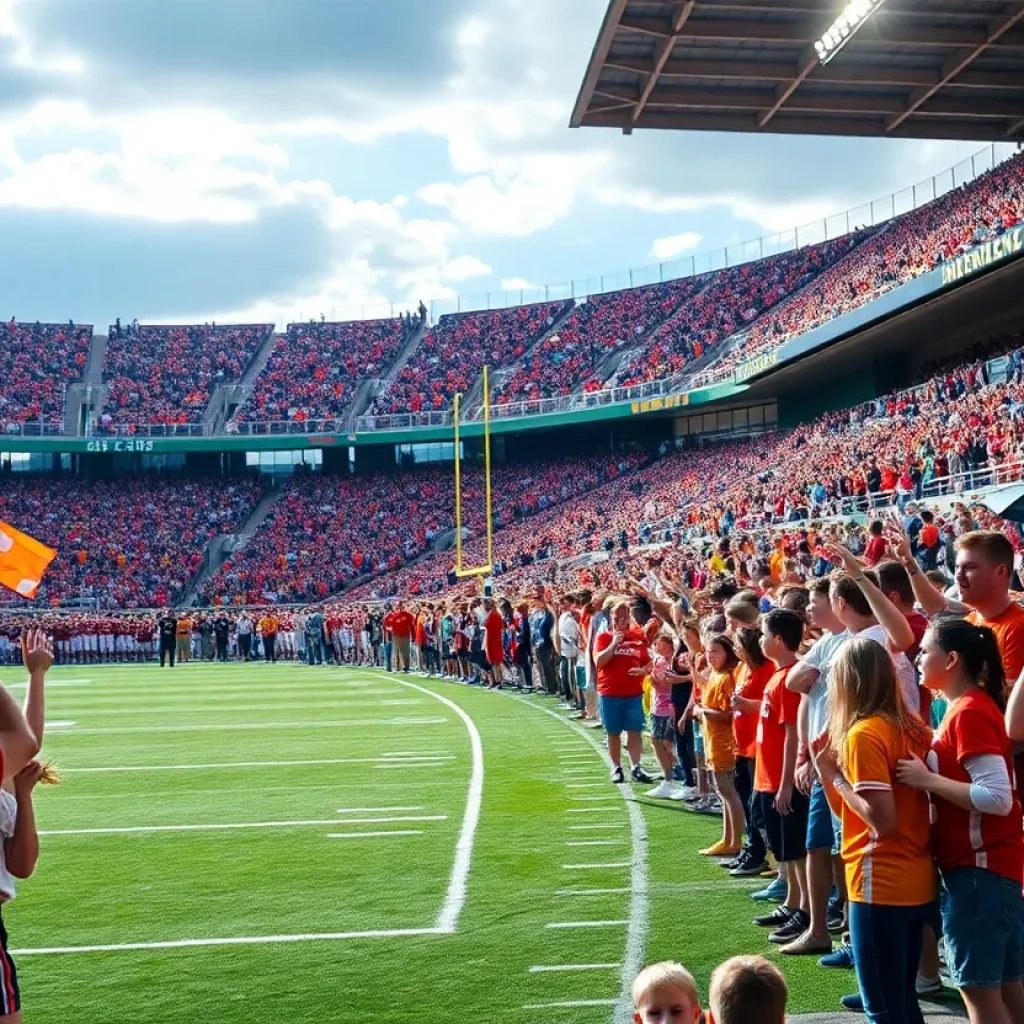 Fans celebrating at a high school football game.