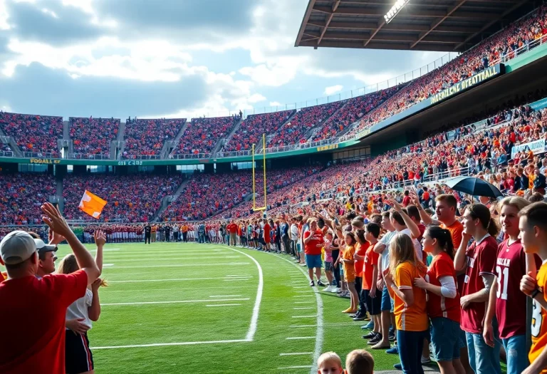Fans celebrating at a high school football game.