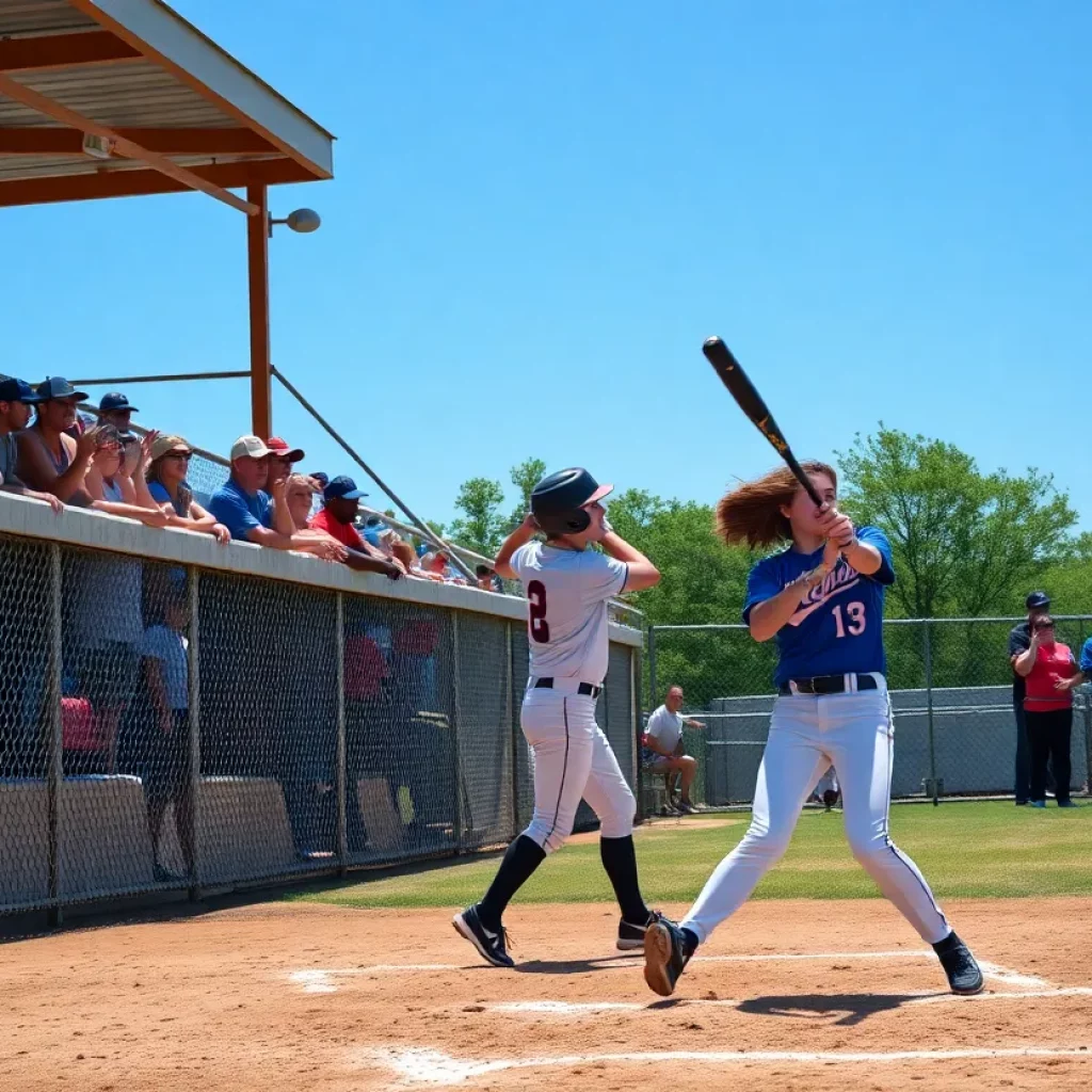 High school softball players in action during a game in Massachusetts playoffs.