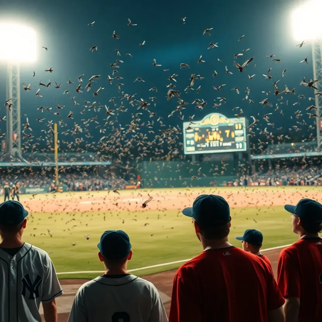 Swarm of mayflies visible around a baseball field at night.