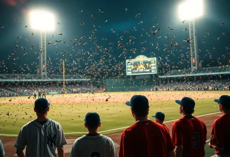 Swarm of mayflies visible around a baseball field at night.