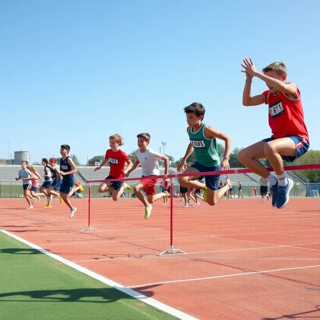 Athletes competing in long jump and high jump at a state track meet.