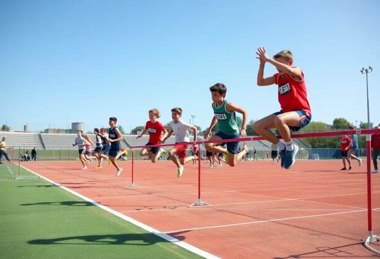 Athletes competing in long jump and high jump at a state track meet.