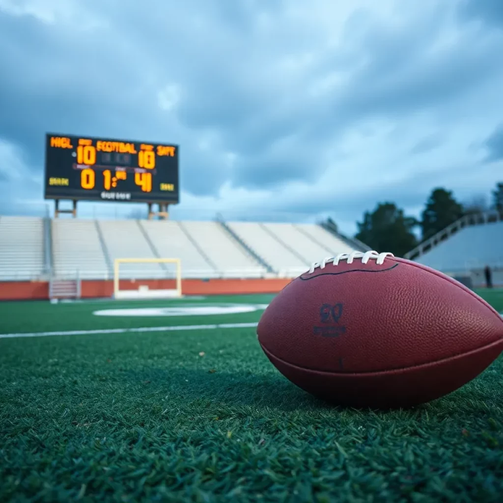 Empty Melrose High School football field with a scoreboard