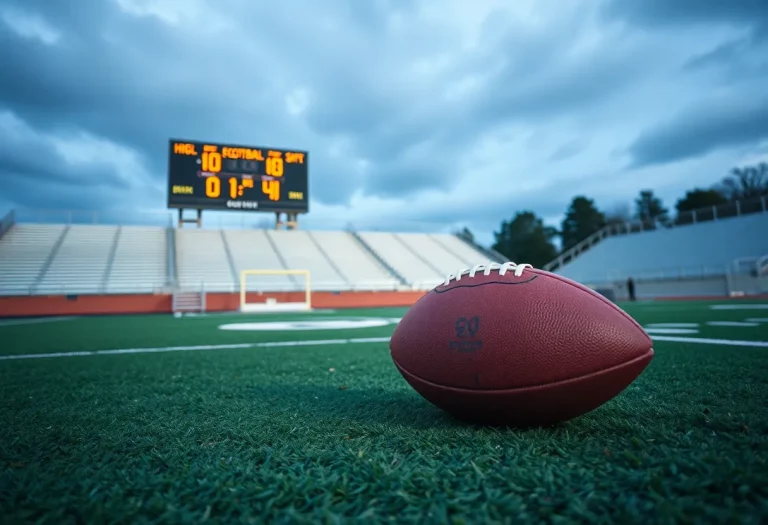 Empty Melrose High School football field with a scoreboard