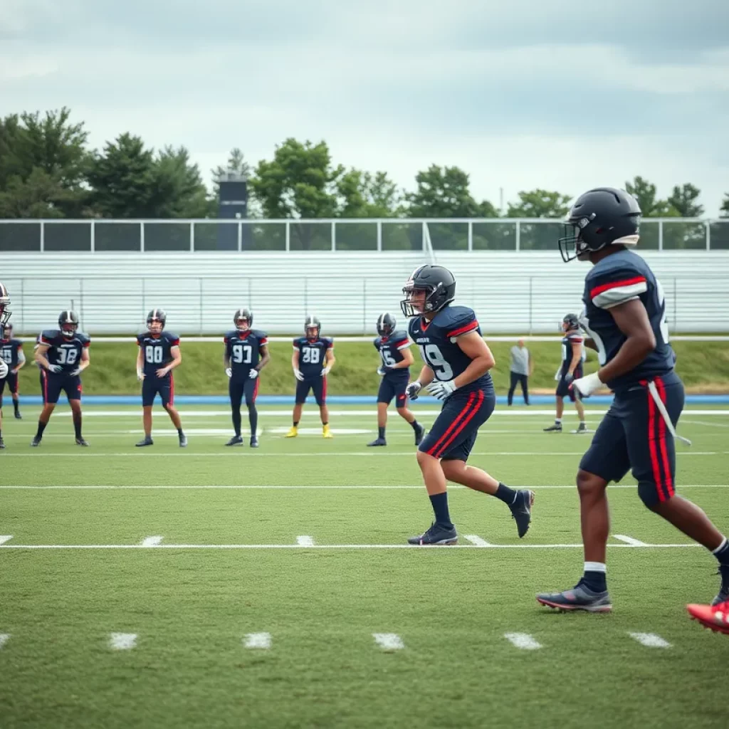 Meridian High football players practicing on a field