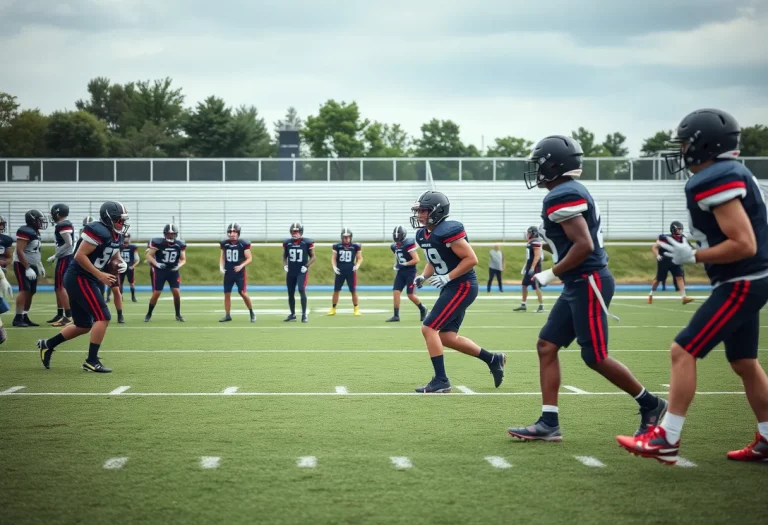 Meridian High football players practicing on a field