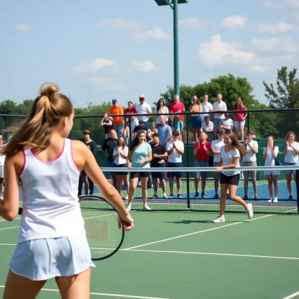 High school girls tennis players competing in a match