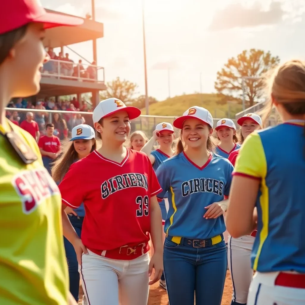 High school softball teams celebrating their championship victory