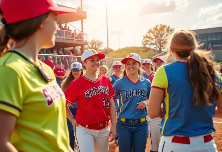 High school softball teams celebrating their championship victory
