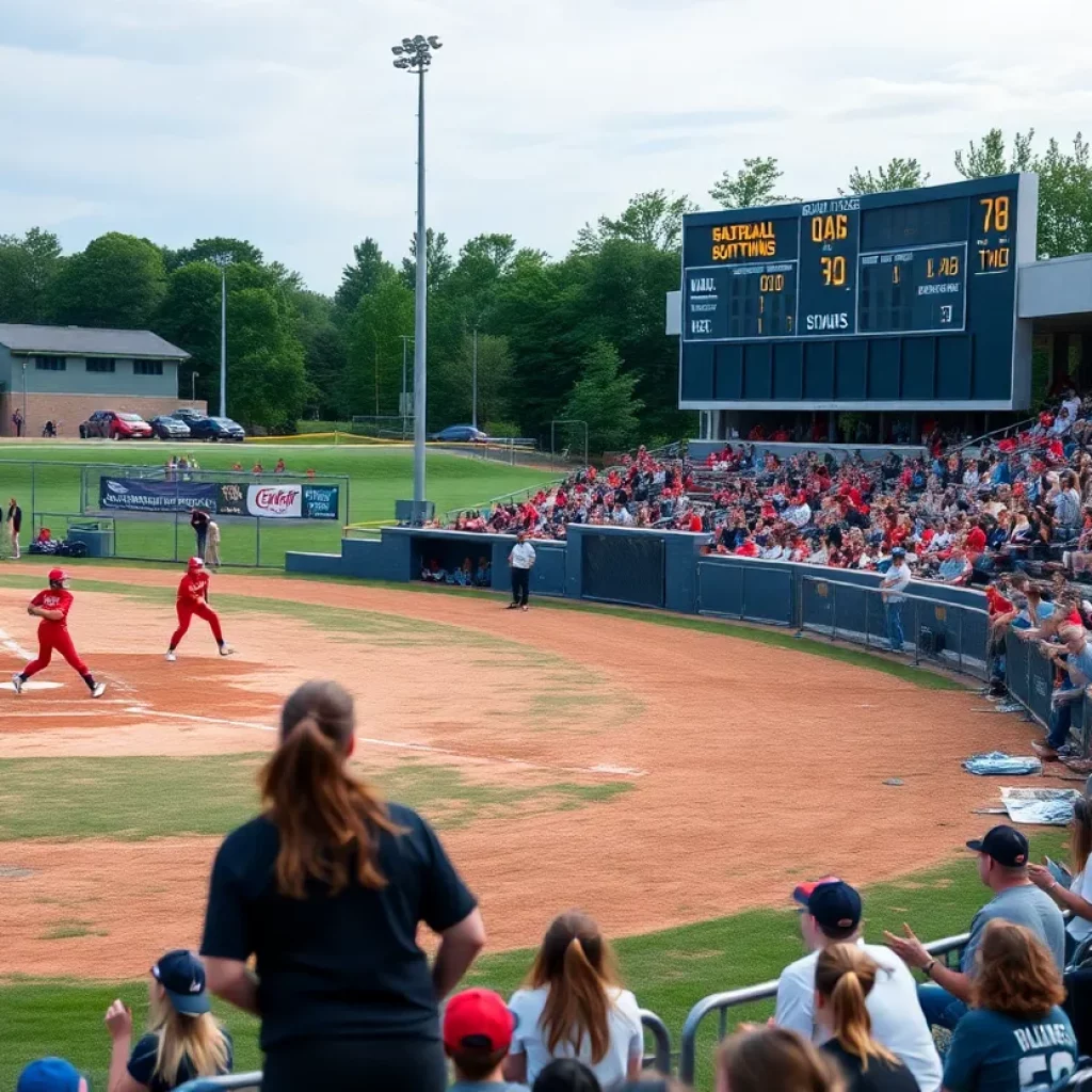 High school softball game in Michigan with players and fans