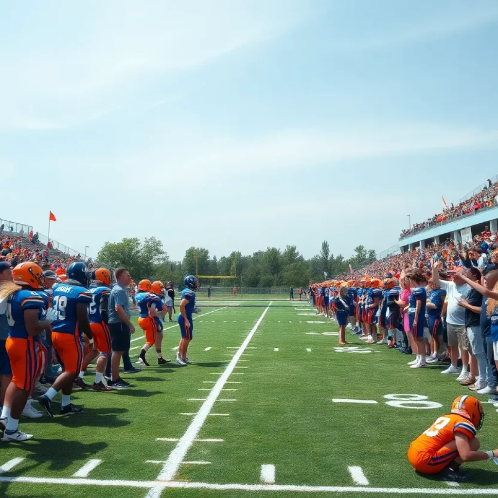 Middleburg Broncos football players warming up on the field