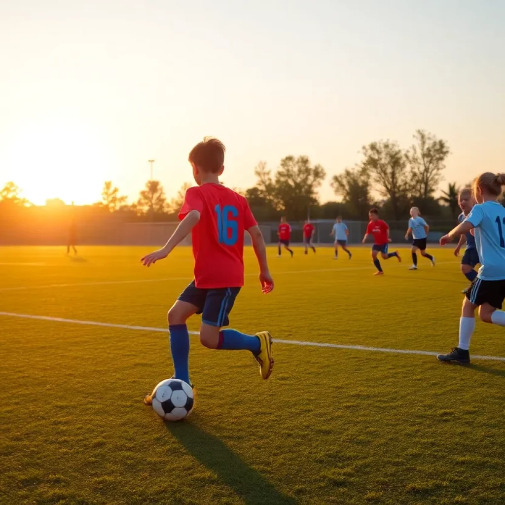 Young soccer players on the field celebrating teamwork