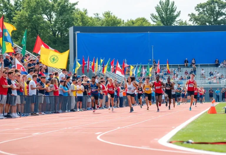 Athletes competing at the Minnesota High School Track Championship with excited spectators