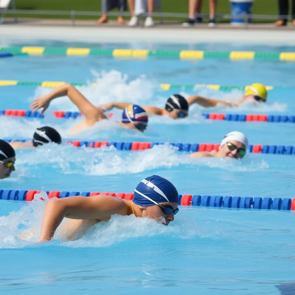 Swimmers competing in a high school swimming event at an outdoor pool