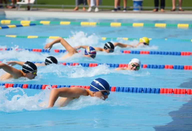 Swimmers competing in a high school swimming event at an outdoor pool