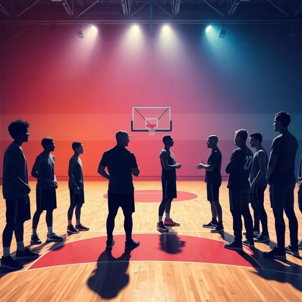 Illustration of basketball players and coaches strategizing