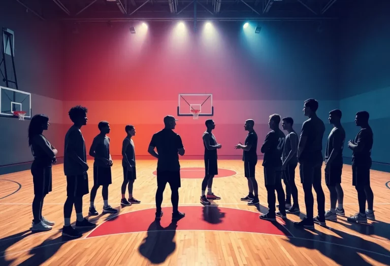 Illustration of basketball players and coaches strategizing