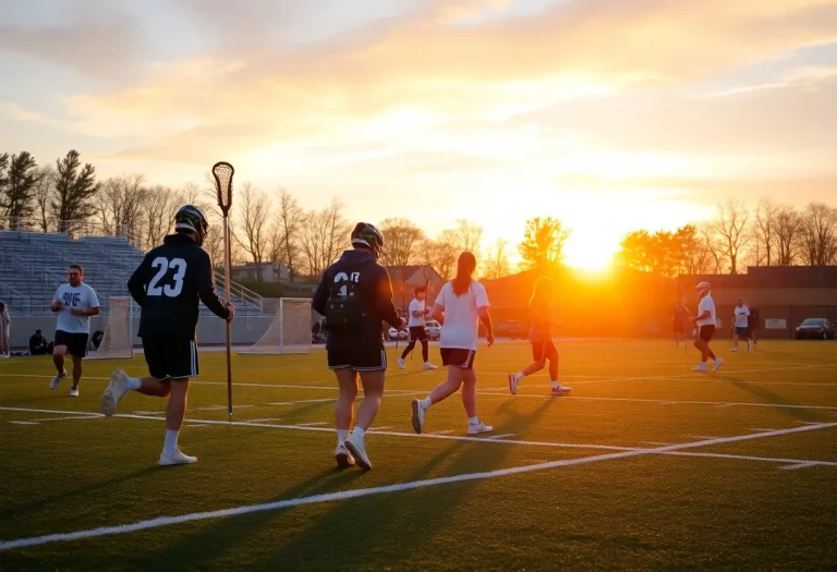 Young lacrosse players practicing on a field during sunset