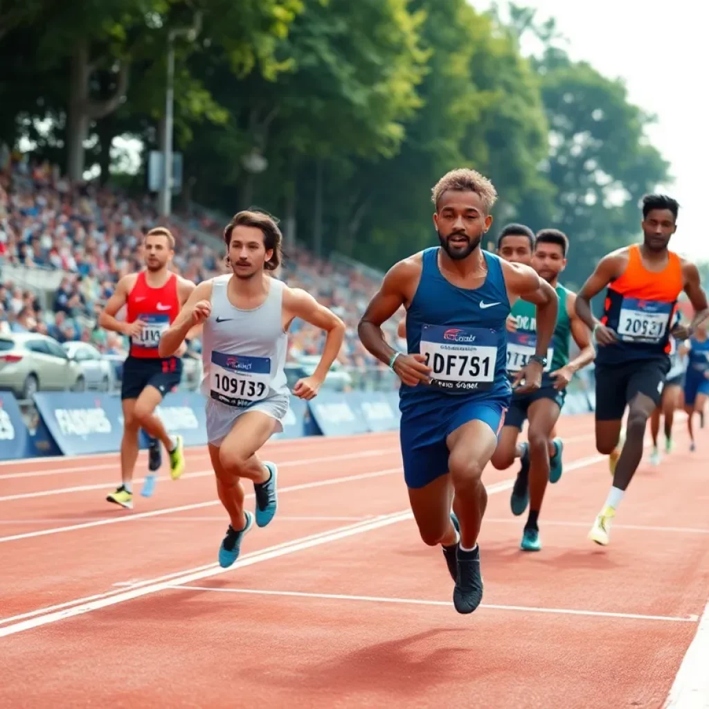 Athlete celebrating victory at the track and field championship.