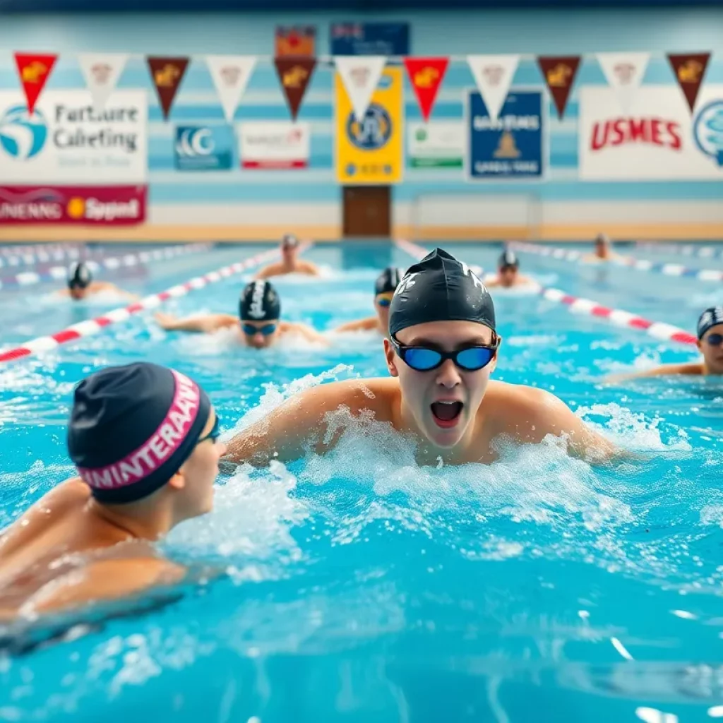 Swimmers in a pool training for NCAA recruitment.