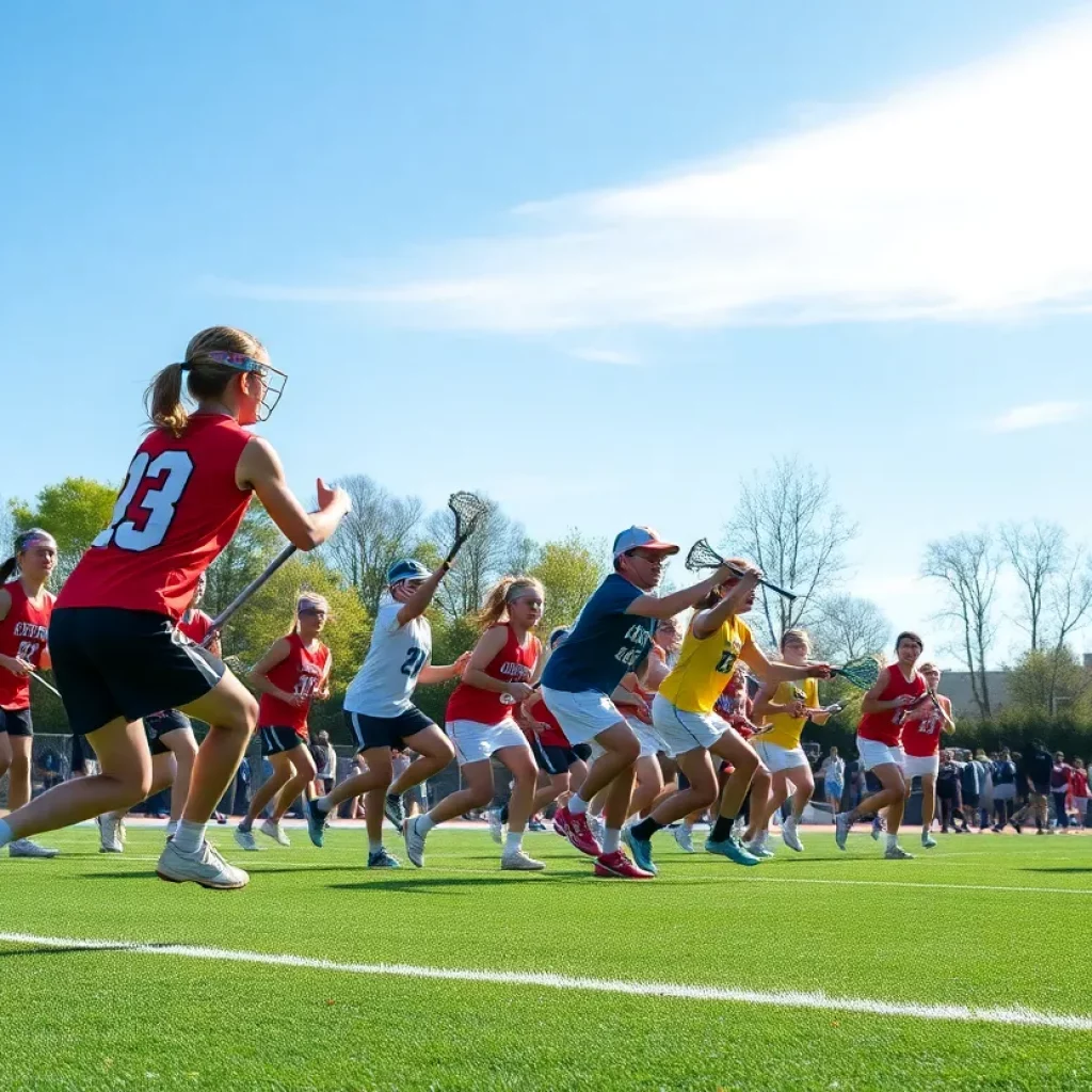 High school lacrosse teams playing in a semifinal match.
