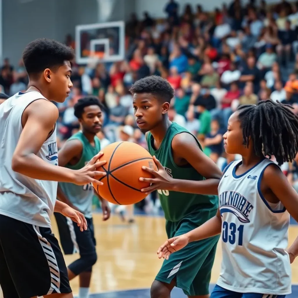 Neville High School basketball team practicing on the court