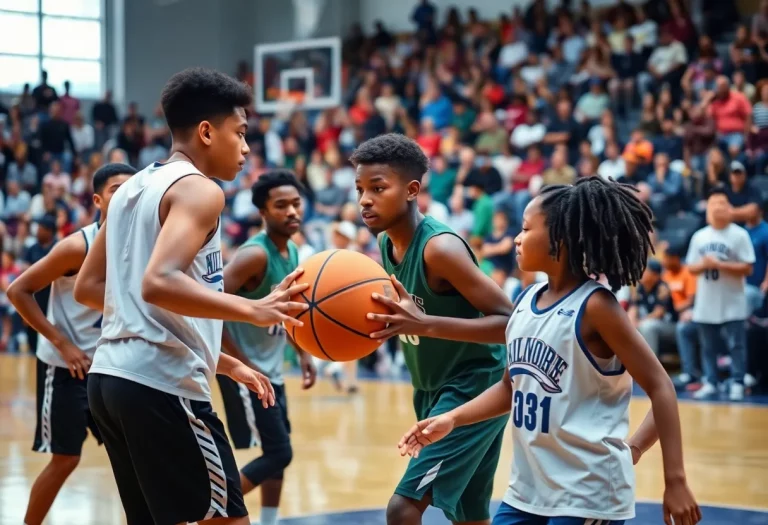 Neville High School basketball team practicing on the court