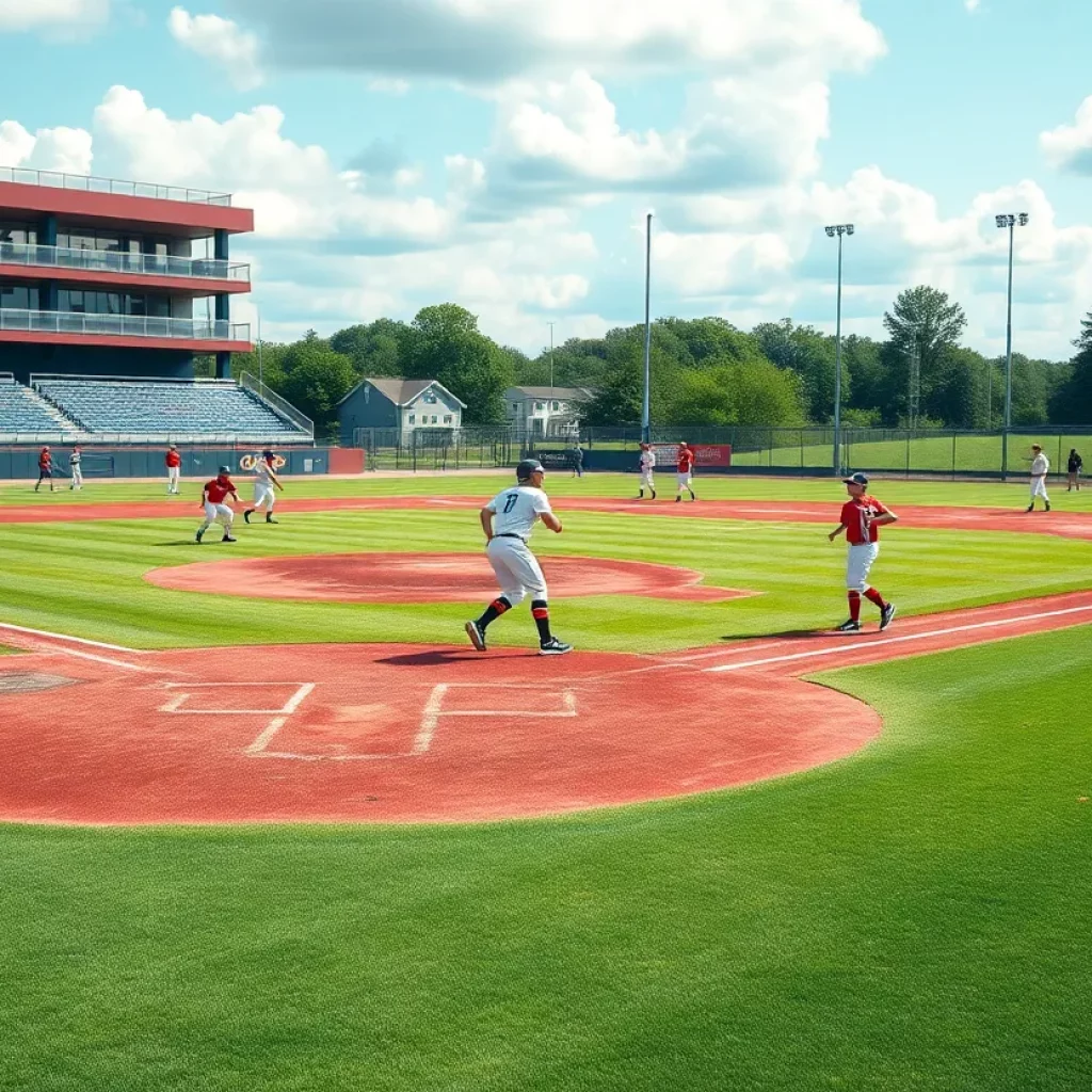 Players competing on a high school baseball field in New Jersey