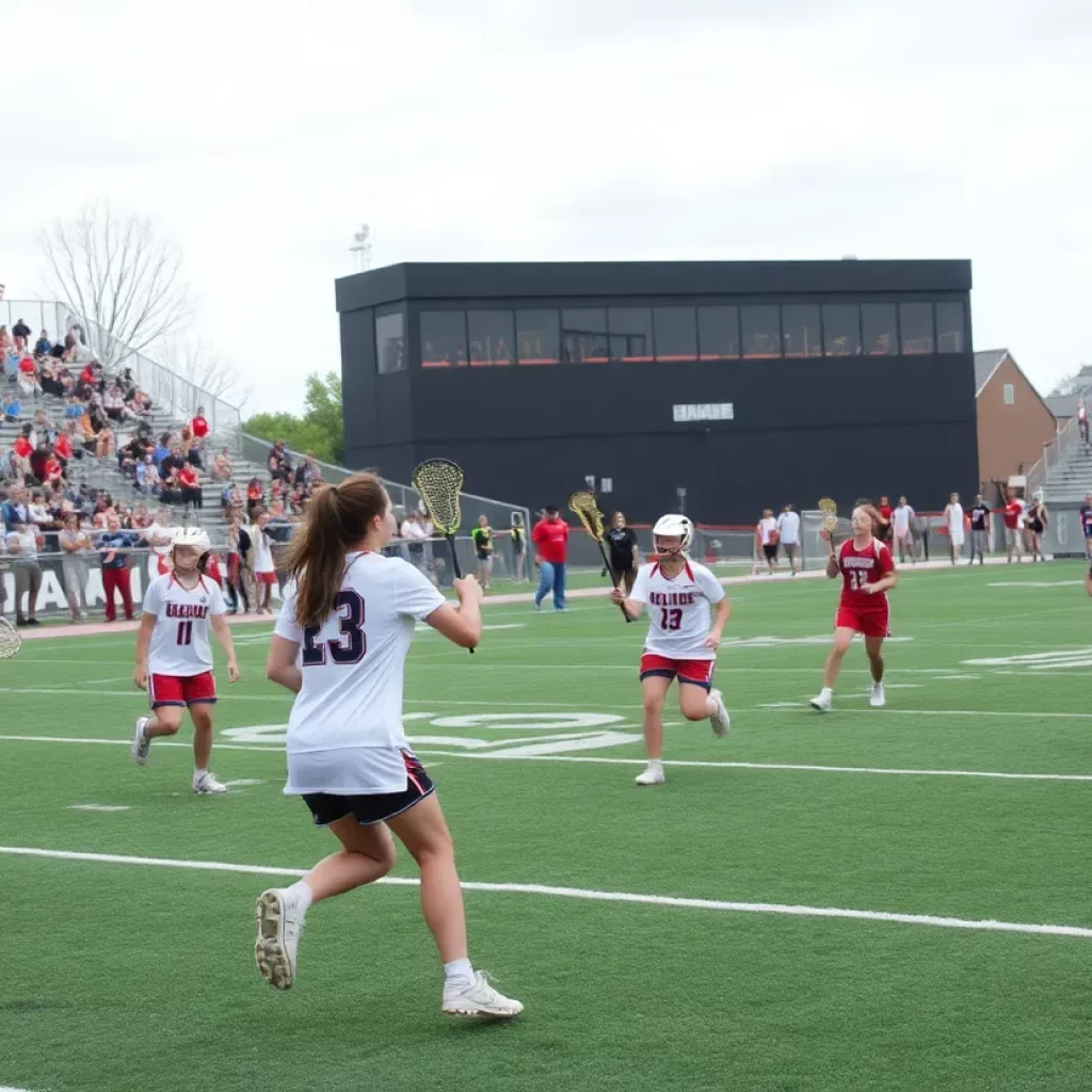 Lacrosse players from two high schools facing off in an exciting game