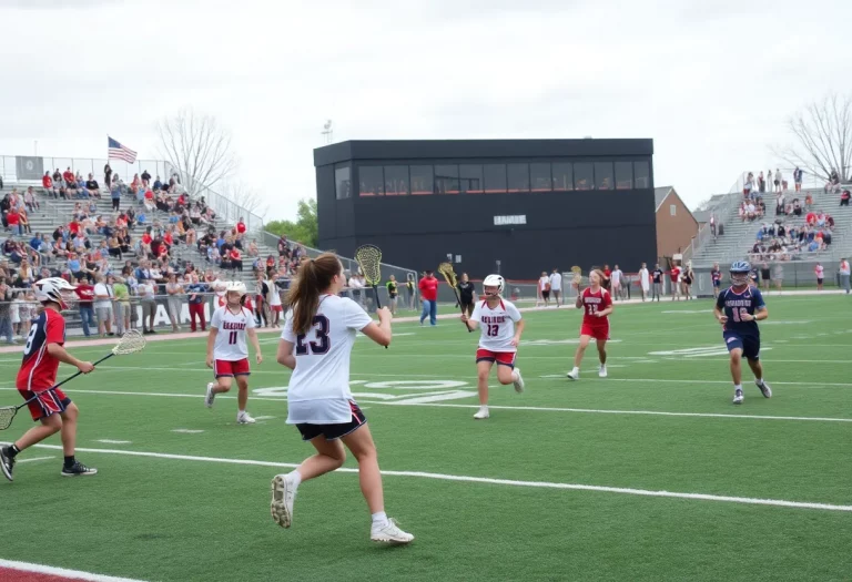 Lacrosse players from two high schools facing off in an exciting game