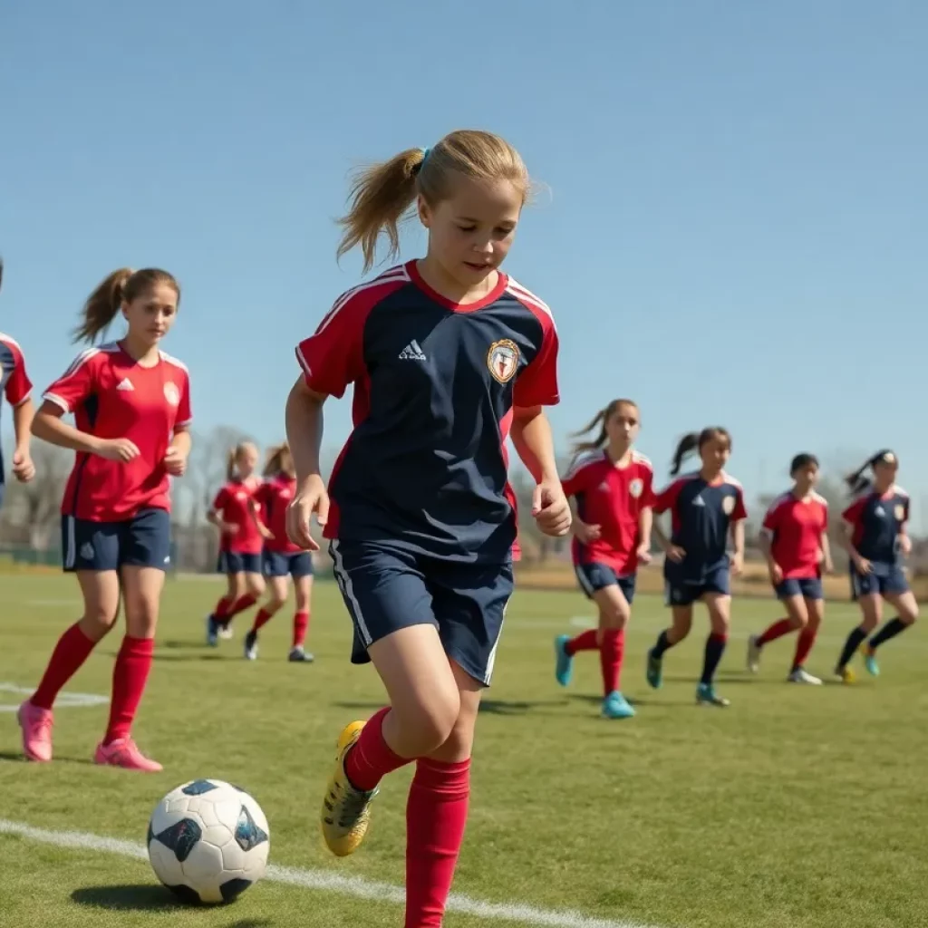 Girls' soccer team practicing on a field
