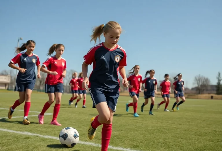 Girls' soccer team practicing on a field