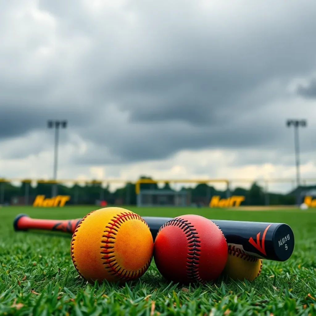 High school baseball and softball field in Northeast Ohio during rain